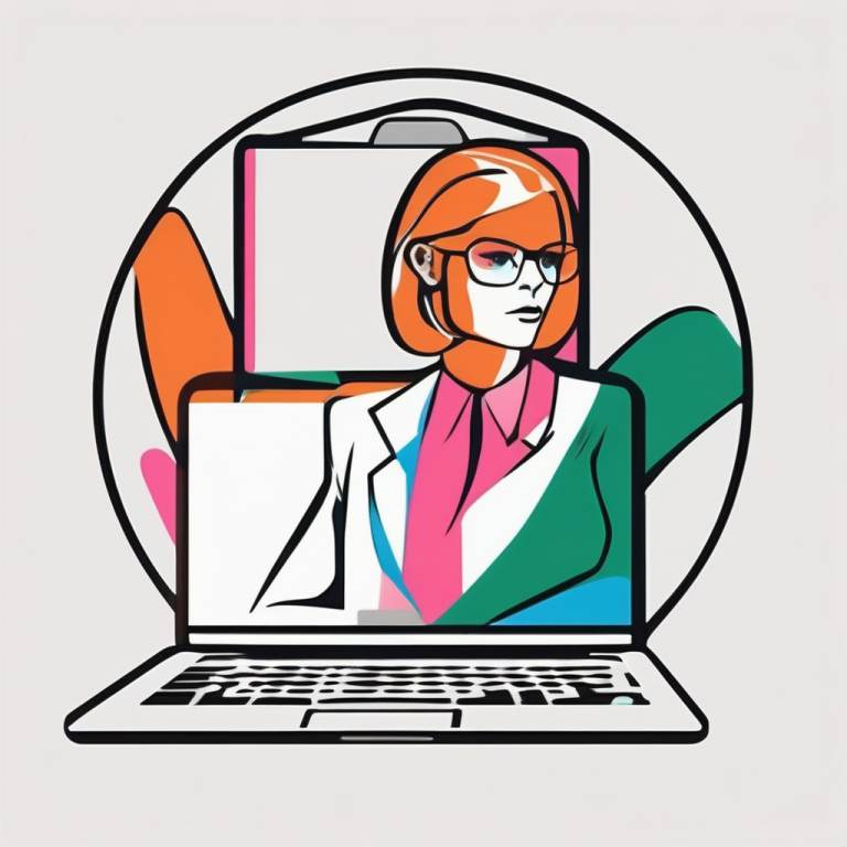 Eine stilisierte Darstellung einer Frau vor einem Laptop mit bunten Hintergrundelementen.