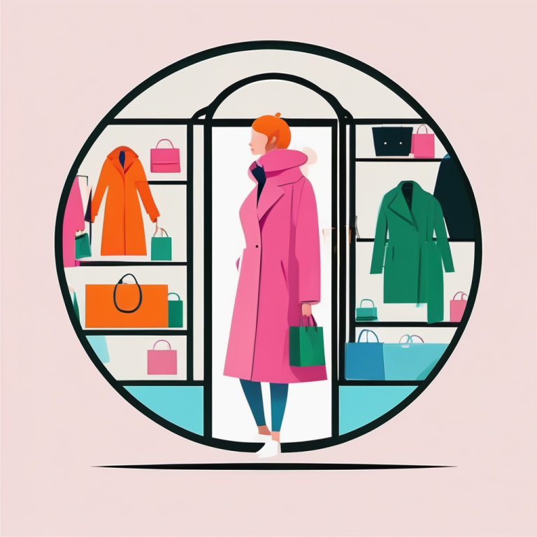 Frau in pinkem Mantel steht in einem Modegeschäft vor Kleidersäulen.