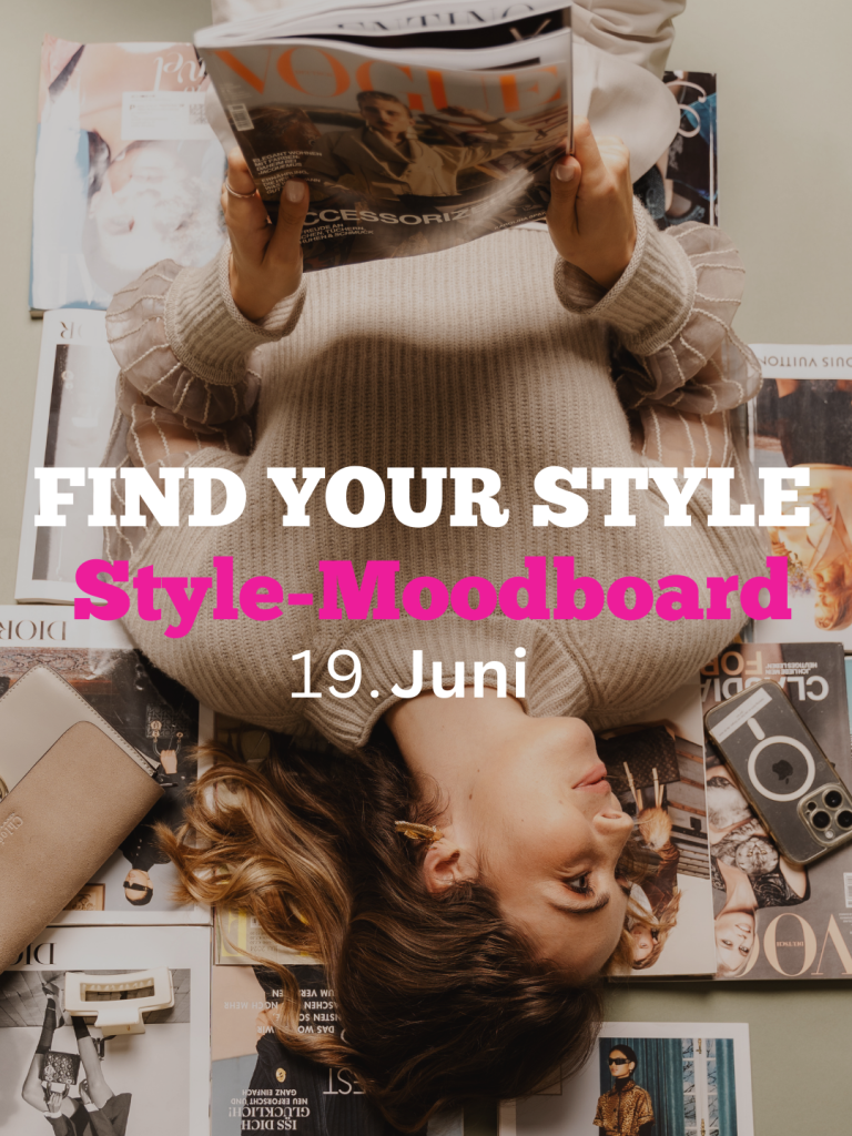 Style Moodboard Workshop Eine Person betrachtet eine Mode-Moodboard mit Zeitschriften und Fotos.